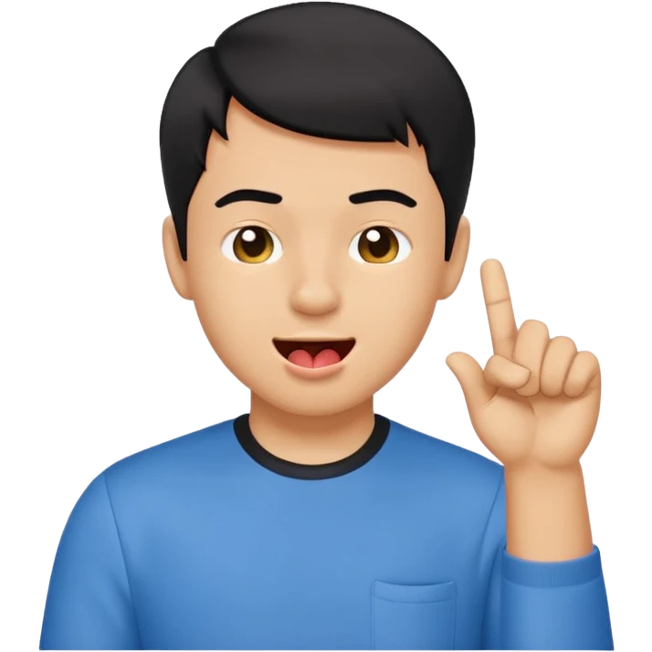 "Create a playful emoji of a young man with short black hair, wearing a blue shirt. He is winking with one eye, sticking out his tongue dramatically, and pointing to his forehead with one hand in a cheeky gesture.
 emoji