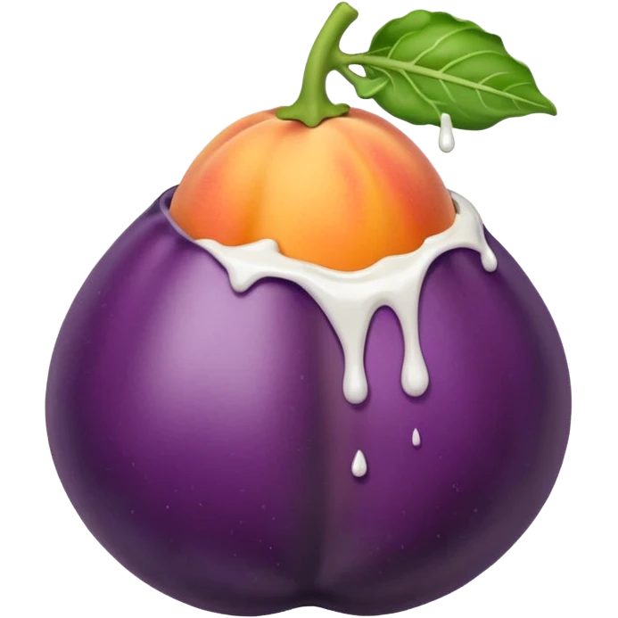 Eggplant with white liquid coming out the top being inserted into a peach emoji