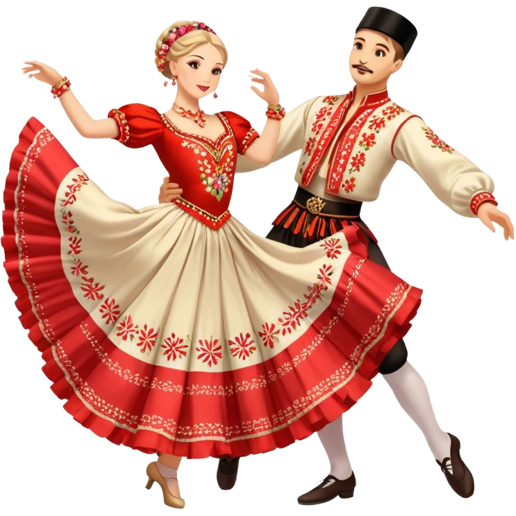 Cinematic Realistic scene of two dancers performing the Mazurka, dressed in vibrant traditional Polish costumes with intricate embroidery and flowing skirts, captured in graceful motion with warm, festive lighting emoji