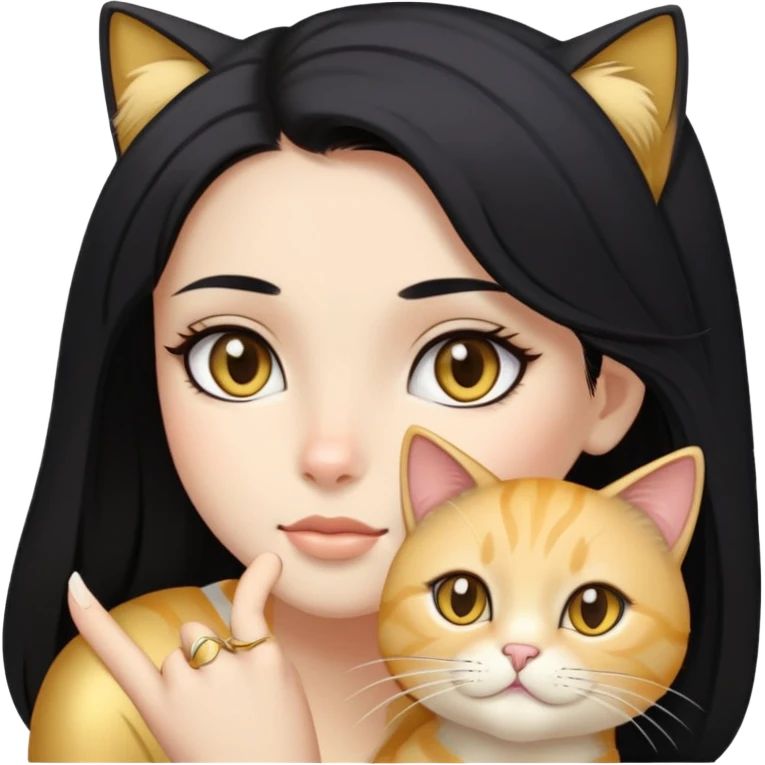 long black hair girl with dark eyes with light gold cat emoji