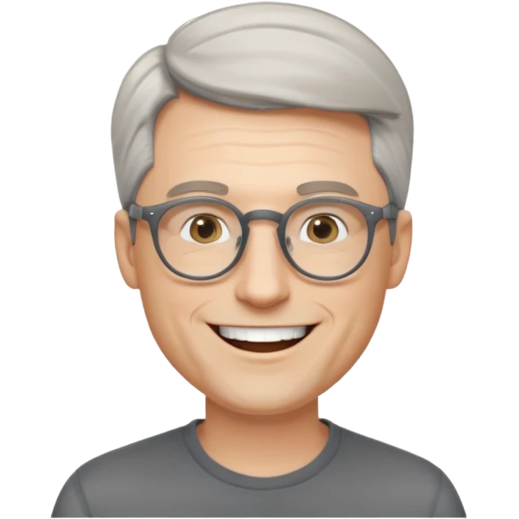 40 yr old pale white man, grey side swept hair, round glasses, big smile, white teeth, handsome, longer hair, thin glasses emoji