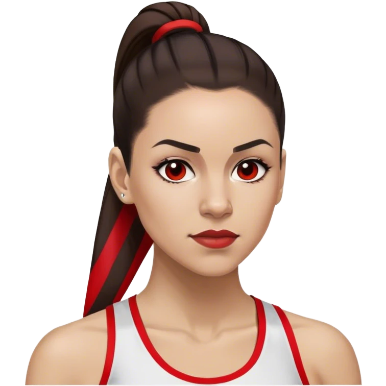Melanie chisholm with a dark brown high ponytail with a red streak through it, wearing athletic attire emoji