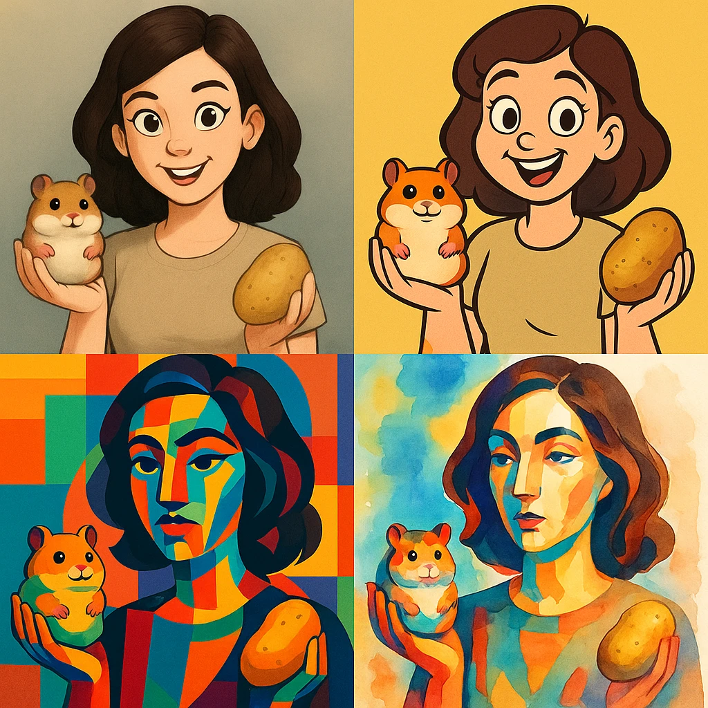 a woman with a hamster in her left hand and a potato in her right, different art style emoji