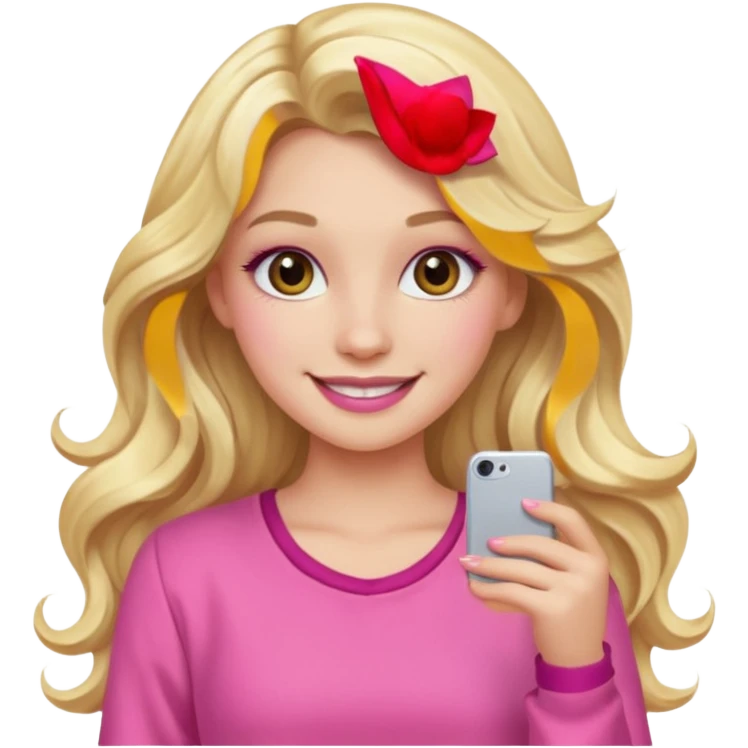 blonde girl, long wavy hair, pink clothes, trendy heavy makeup, smiling emoji