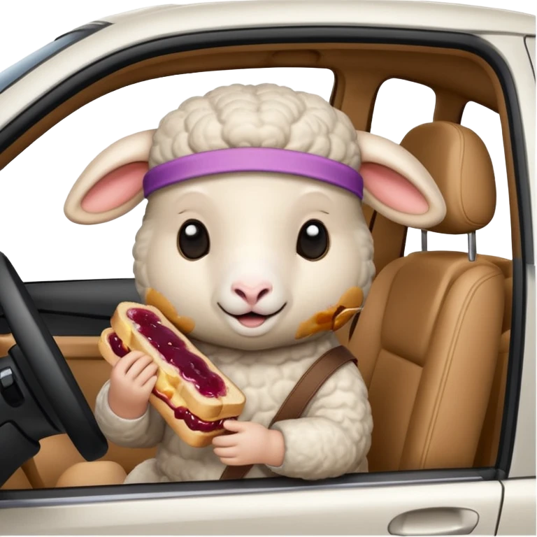 cute baby sheep eating peanut butter and jelly driving in a bmw x1, holding a peanut butter and jelly in hand emoji