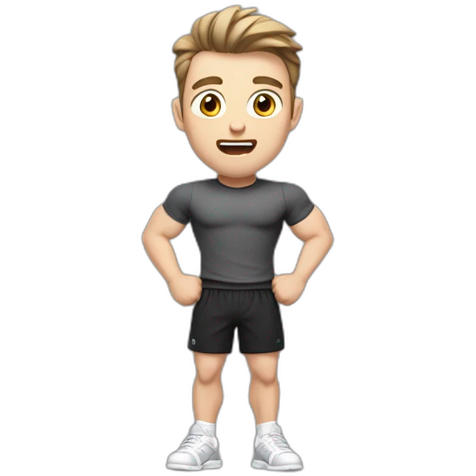 amazed Open with surprise mouth Pale skinned Fit Man With the biceps and dark brown hair in black shirt, gray sports shorts and white Sneakers emoji