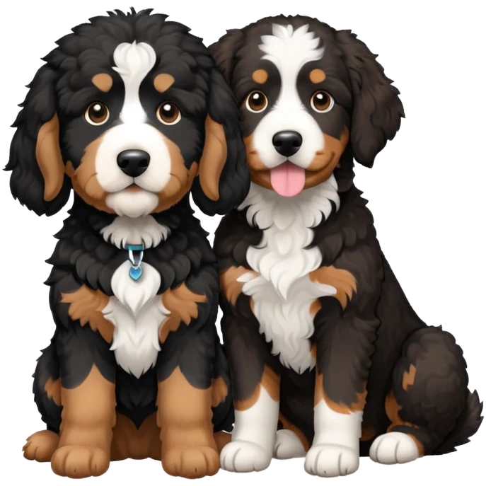 2 dogs, one is a light brown Aussie doodle. the other is a All black Berenedoodle with white eyebrows . Make both same size emoji