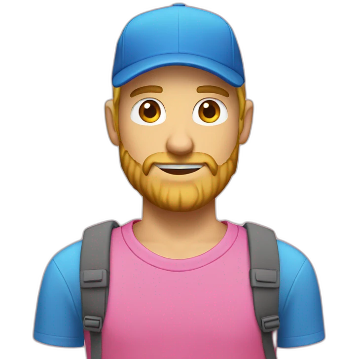 a guy in a pink shirt, blond, with a short beard in a blue cap, emoji