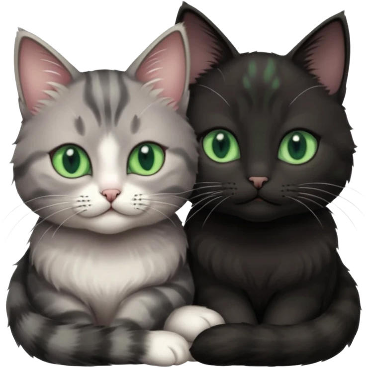 1 grey cat with pastal green eyes and 1 black with green eyes cat cuddling emoji