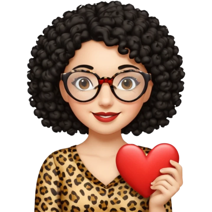 A women with a black curly hair and heart glasses, leopard print dress emoji