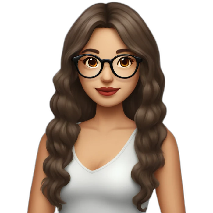 Brunette girl with circle glasses and long wolf cut hair and strawberry hat emoji