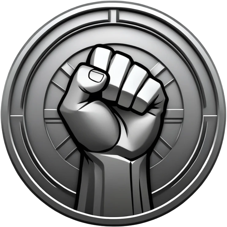Round emblem symbolizing martial arts with a bold fist facing forward in the center. The fist is surrounded by dynamic lines representing movement and power. The design conveys strength, focus, and precision, with a minimalist background emphasizing the combat spirit. Transparent background. emoji