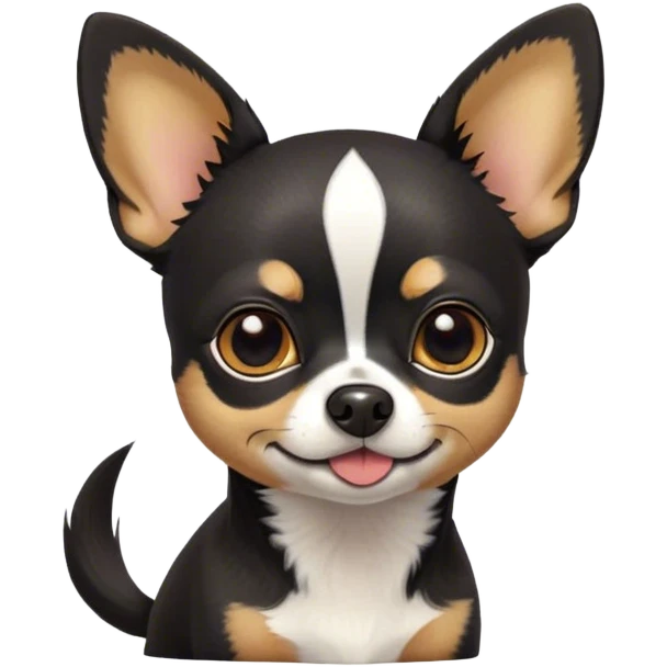Cinematic Cute Black Tri Short Haired Chihuahua Portrait Emoji, Head tilted playfully and inquisitively, sleek black tri-color fur with bold patches of white and tan, round, sparkling dark eyes filled with curiosity, Simplified yet irresistibly adorable features, highly detailed, glowing with a warm, friendly glow, high shine, affectionate and lively, stylized with a touch of whimsy, bright and endearing, soft glowing outline, capturing the essence of a mischievous yet loving pup, so playful it feels like it could bound out of the screen and into your arms! emoji