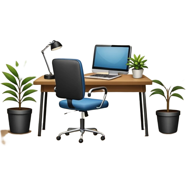 imagen de una oficina moderna con escritorio, silla, notebook, agenda y una planta con un cartel que diga en español ESTARÉ FUERA DE OFICINA emoji