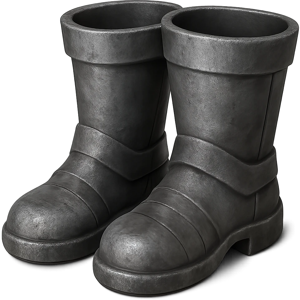 Create an iron version of these boots with the same shape, looking a little worn and realistic metallic iron. The style should emulate emoji style with a transparent background. emoji