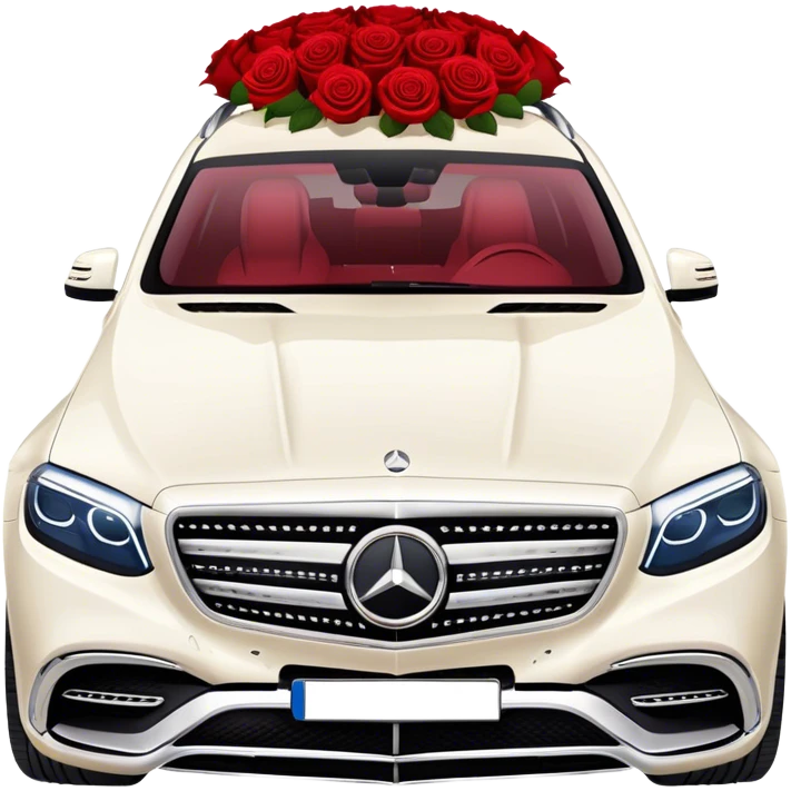 Side profile of White Mercedes Maybach GLS 600 with red roses on the hood emoji