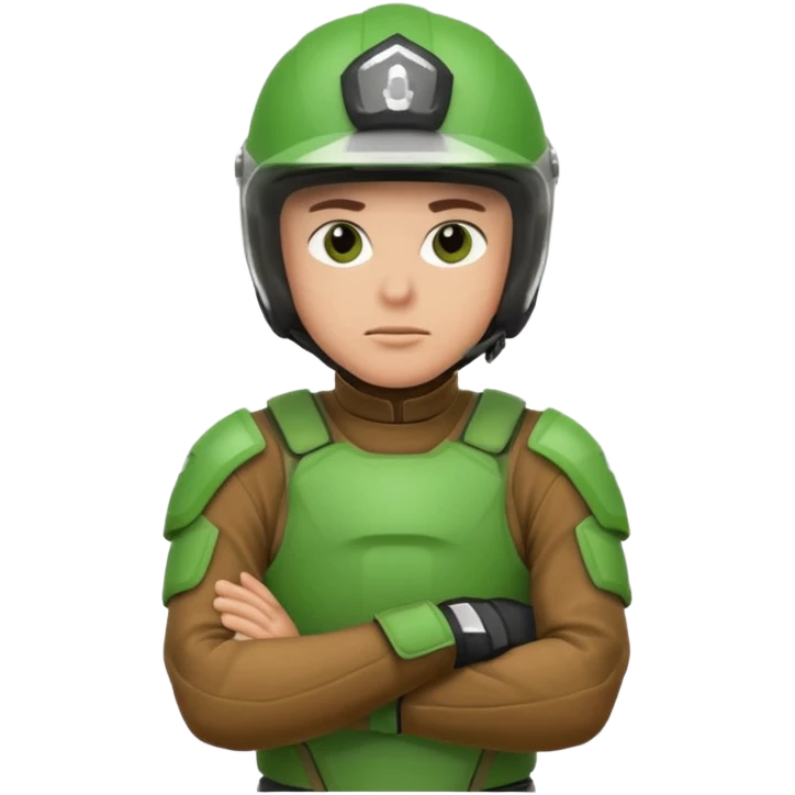 dirtbike rider in green gear with arms crossed, and thinking emoji