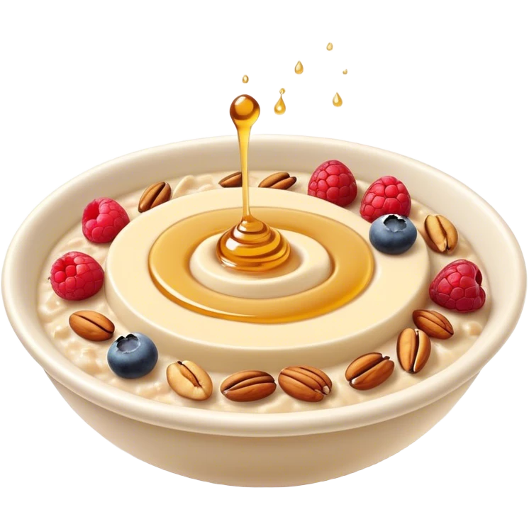 Cinematic creamy oatmeal, smooth texture with a swirl of honey on top, garnished with fresh berries and nuts, warm and comforting, cozy golden tones, rich and delicious. emoji