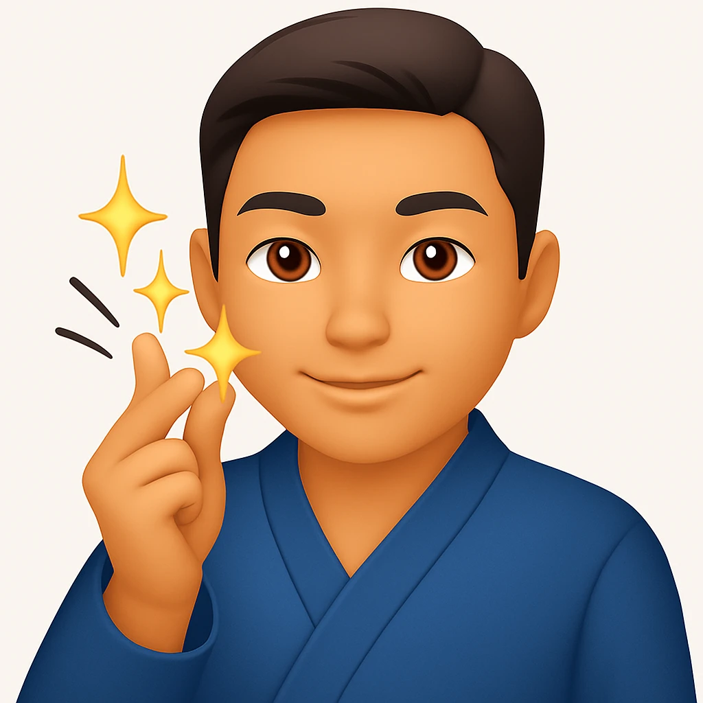 Change the man's jacket to a blue color, keep the dynamic finger snap motion and emoji style emoji