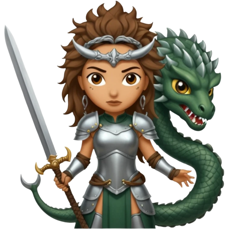 Fierce Latina in armor with a sword after a battle cutting off the head of a hydra emoji