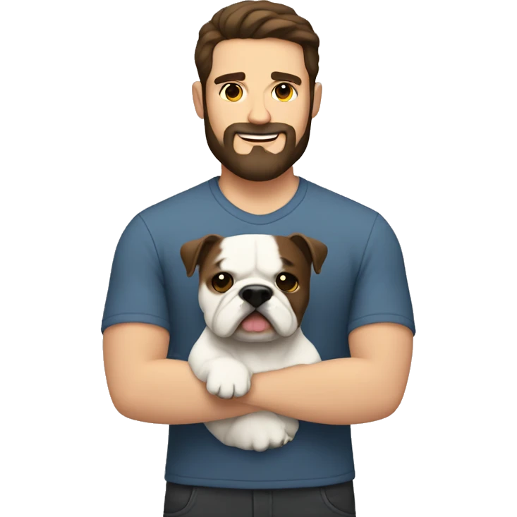 White man with dark brown hair and dark brown beard holding white bulldog  emoji