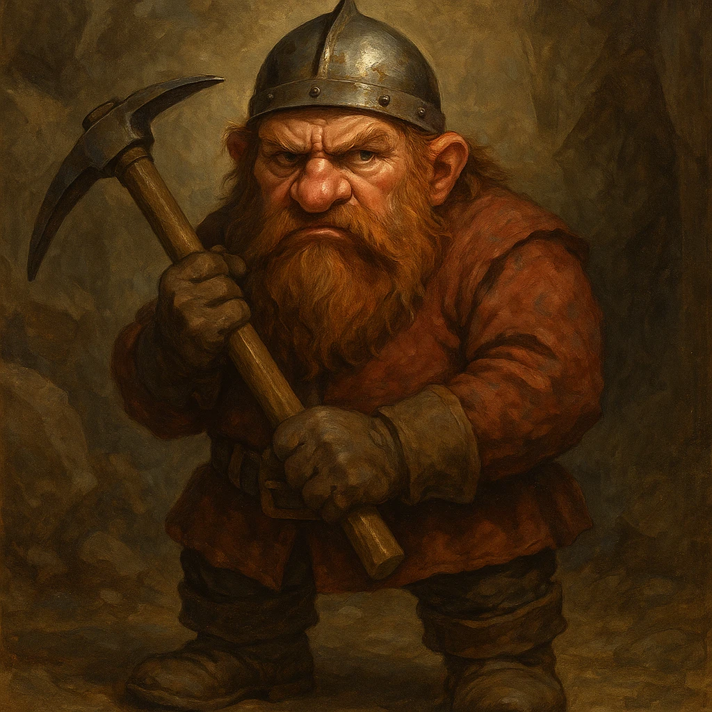 a grumpy dwarf holding a pickaxe in a fantasy style emoji