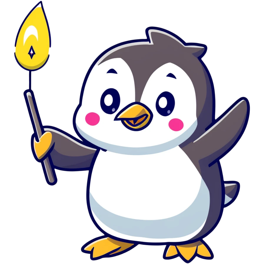 penguin casting magical spells with sparkling wand emoji
