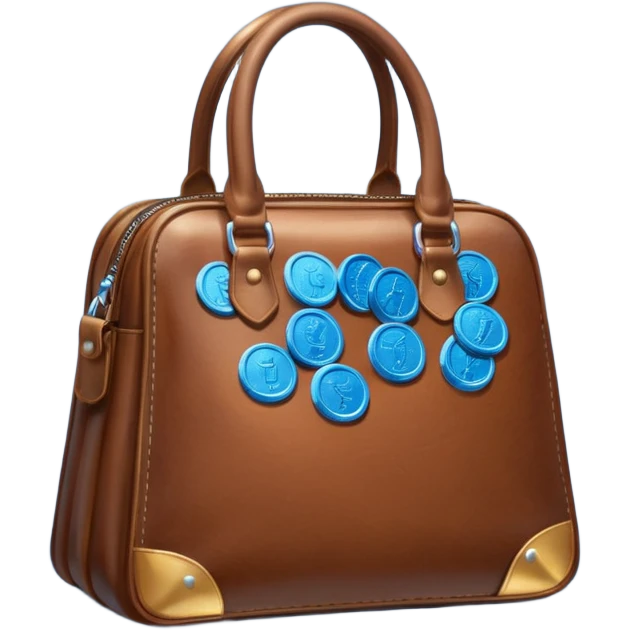 leather bag on top of blue coins stack emoji