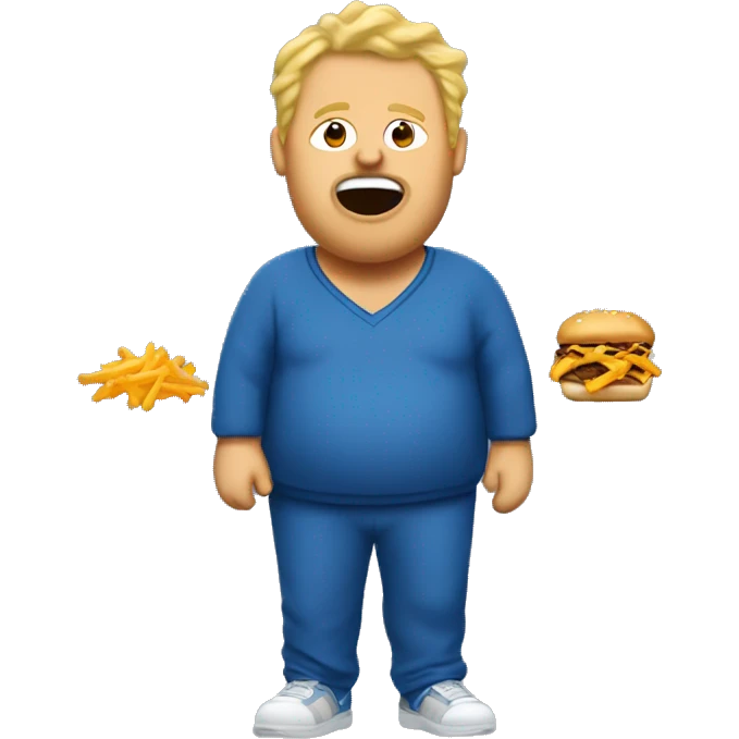 fat blonde man in dirty blue sweatsuit with chili cheese fries in his mouth emoji