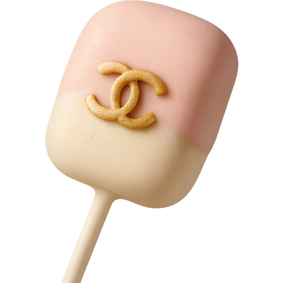 pastel Chanel cake pop, with a gold logo accent emoji
