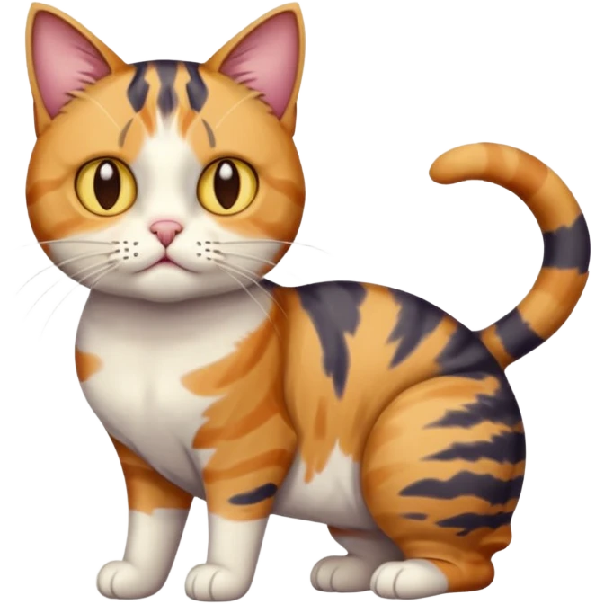 full body colourful calico tabby cat with disproportioned head with an anxious face emoji