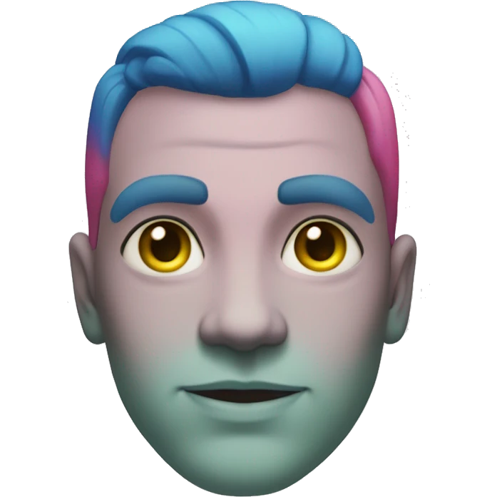 Very light green skin, yellow-blue eyes. Dark pink hair. A blue line tattoo extending from the beginning of the forehead and ending at the nose, three blue lines extending in an arc from above his eyes to below his cheeks on all sides of the face. emoji