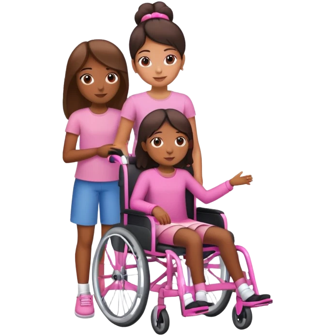 One tan skin sister standing behind her brown skin sister in a pink wheelchair emoji
