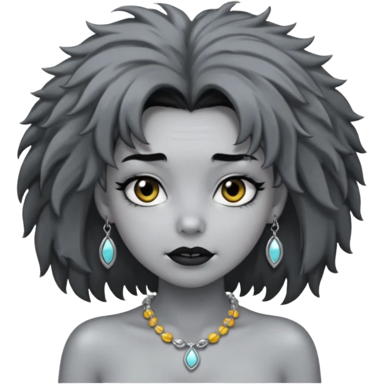 Female with very big Silver Necklace, grey skin,Black full fuzzy hair, more bright silver,highlight necklace, different expressions. emoji