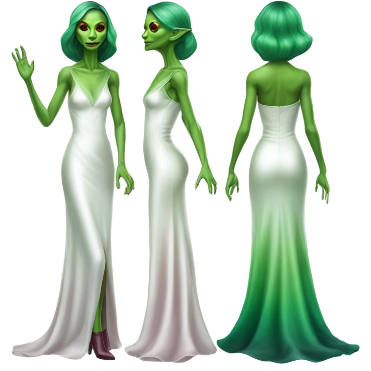 reptilian green alien woman, in( long slim pastel color:#FFFFFF formal party satin dress with gradient shiny sparkling dark red), full figure, full body emoji