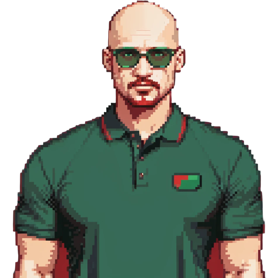 muscular bald man with a red chin goatee, wearing a dark green polo shirt and dark green glasses emoji