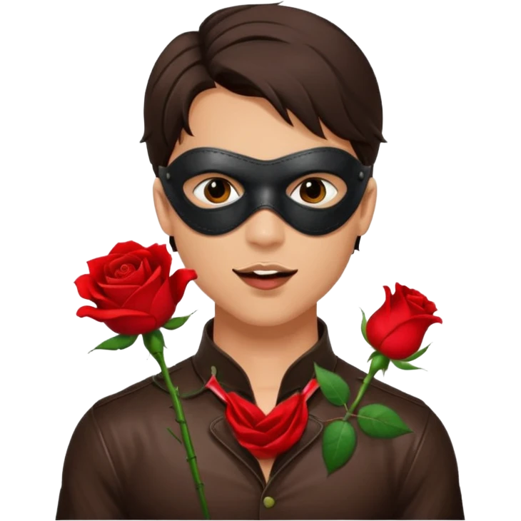 brunette young adult man with leather eye mask and leather halter neck blouse, holding rose with his mouth emoji