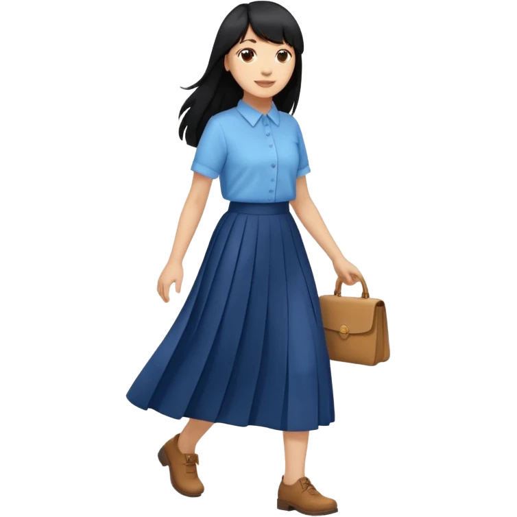 hair : black long hair with fringe 
skin : light 
cloth : oversize light blue shirt + navy long long skirt 
motion : walking  emoji