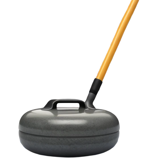 An icon showing a detailed close-up of a curling stone sliding across the ice, with a broom in motion beside it. The background features an indoor stadium with cheering spectators on the stands. Transparent background captures the strategy and focus of curling. emoji