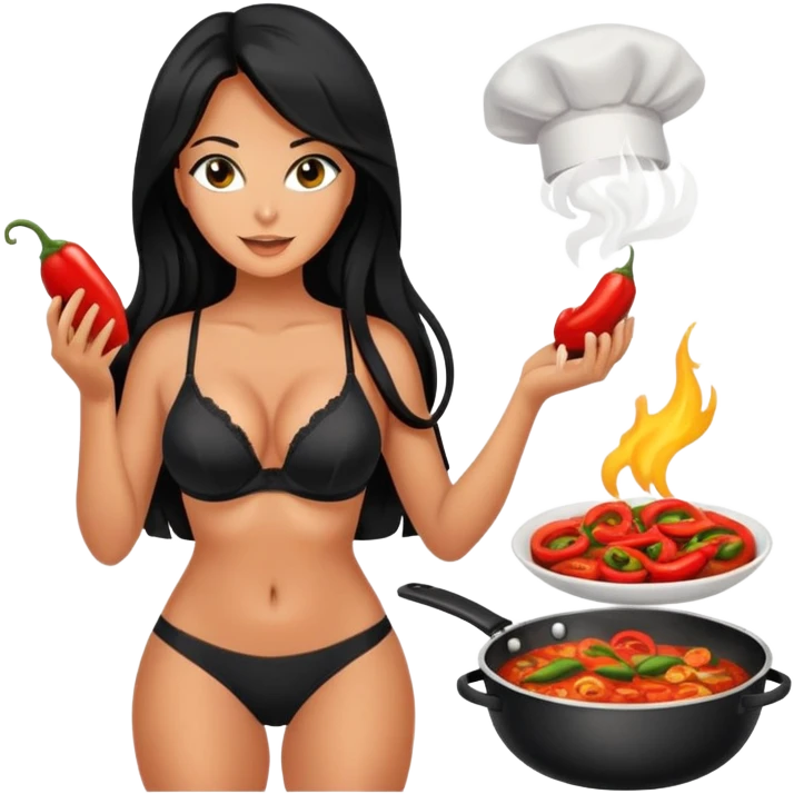 cooking, black long hair tanned woman, black bra and panties, spicy food emoji