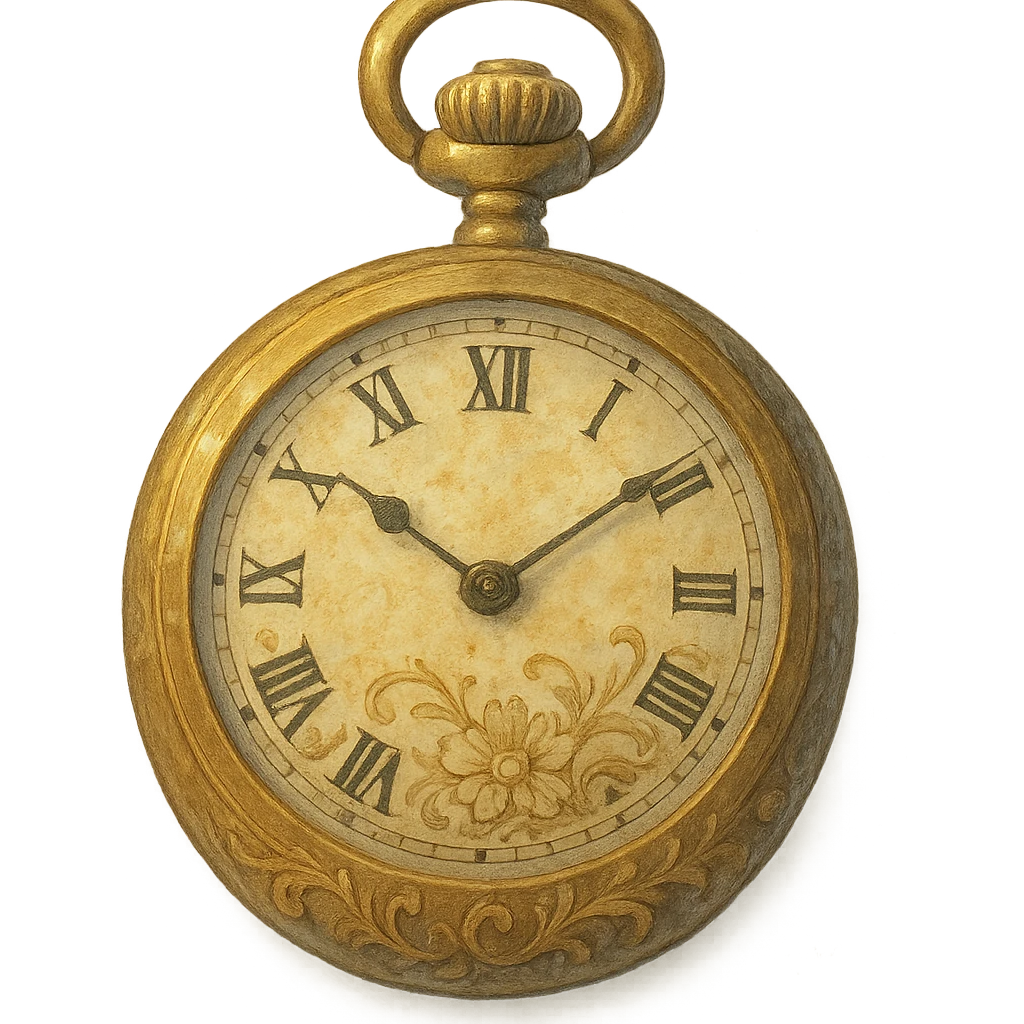 pocket watch with delicate engravings, soft painterly look, nostalgic and magical emoji
