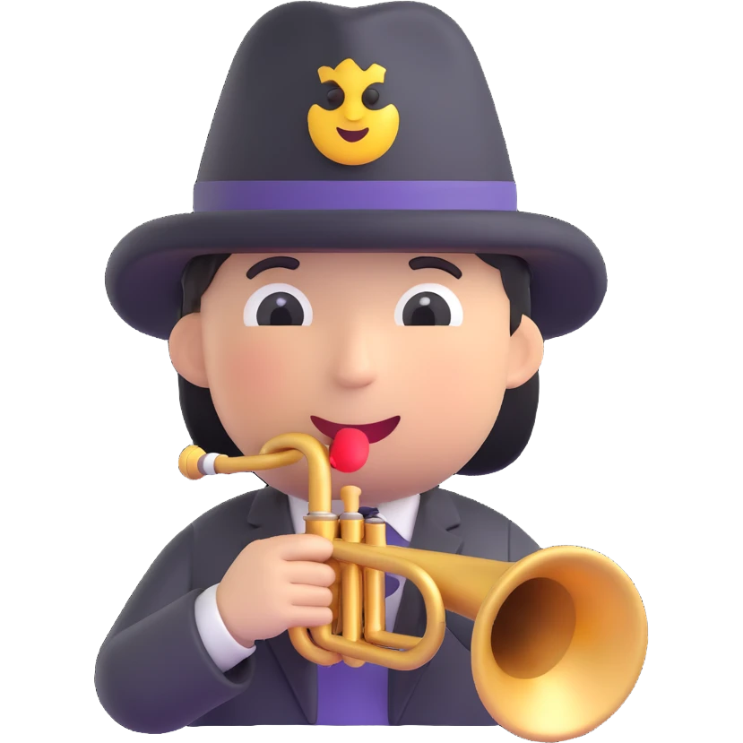 emoji face with a black hat and a trumpet emoji