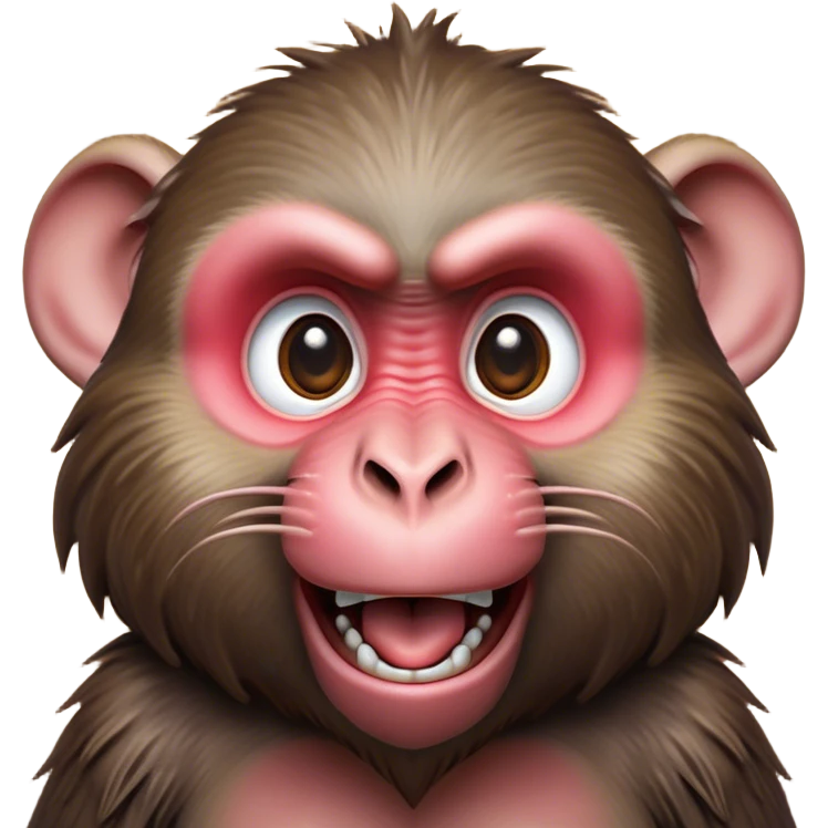 Cinematic Comical Baboon Portrait Emoji, Head tilted dramatically with an exaggeratedly amused expression, featuring a strikingly textured Fur of deep browns with wide, expressive eyes filled with playful disbelief, Simplified yet hilariously expressive features, highly detailed, glowing with a slightly sassy glow, high shine, dramatic yet playful, stylized with an air of cheeky mischief, bright and endearing, soft glowing outline, capturing the essence of a spirited and over-the-top baboon, so meme-worthy it feels like it could chatter its way into internet fame instantly! emoji