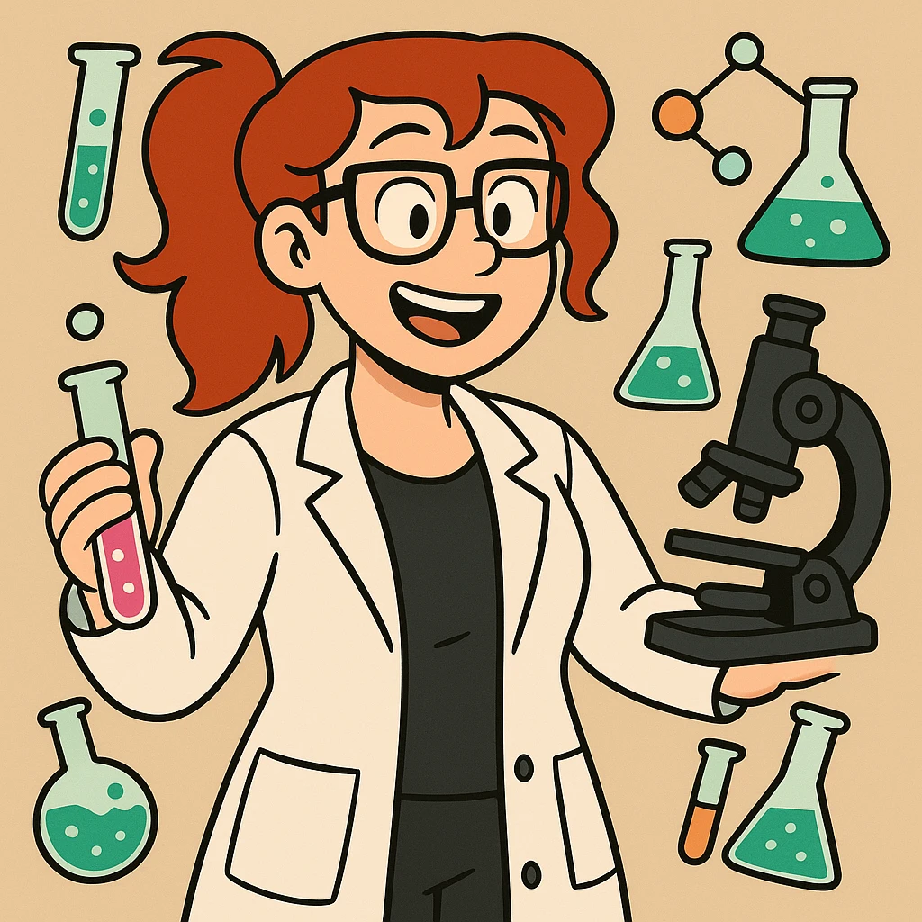Add chemical accessories such as test tubes, flasks, a microscope, and molecules around the red-haired chemistry professor in a modern cartoon style. emoji
