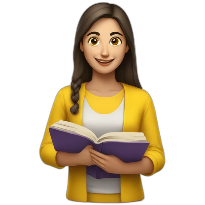 Armenian women with the yellow clothes reading book and looking at camera and smiling  emoji
