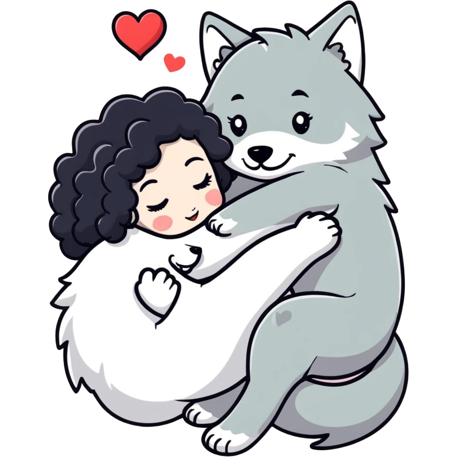 Black curly hair white skin girl hugging one big wolf with hearts above them emoji