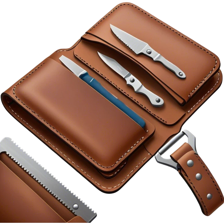 Leatherworking icon, piece of raw leather being crafted into a leather wallet or belt, professional tools like leather stitching awl, edge beveler, hammer, prying tool, minimalistic style, clean lines, transparent background. emoji