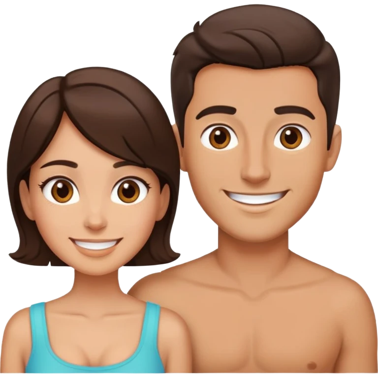 Attractive brunette man and woman with tan skin from chest up, smiling at camera emoji