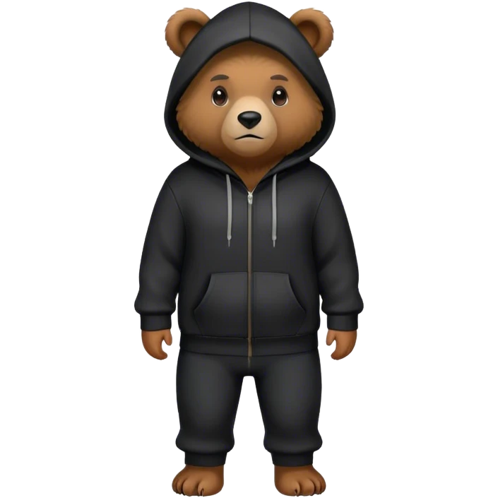 Bear standing with black pants and a black hoodie with his hood on holding his hands in his pockets emoji
