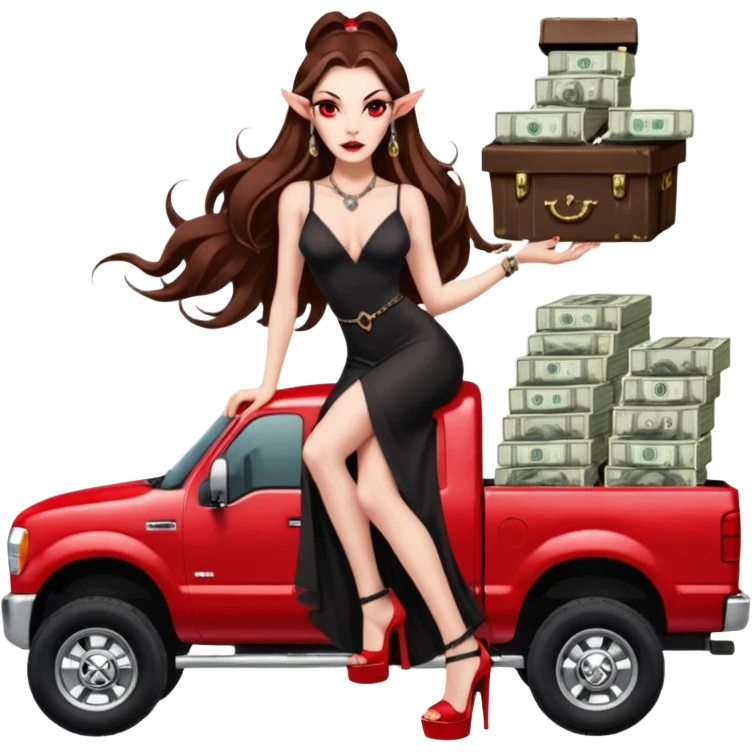 Lilith symbol red eye seductress evil long brown haired sexy succubus woman. Wearing Chanel  long dress with slit, sitting on top of a  giant lifted F350 pickup truck. Black Platform heels on feet. Back of truck full of stacks of cash, sitting behind her is  ahold stacks emoji